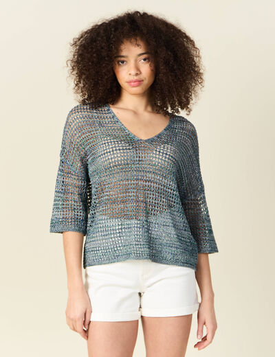 Pull manches courtes ajouré bleu clair femme