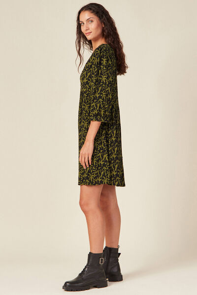 Robe évasée manches 3/4 vert kaki femme