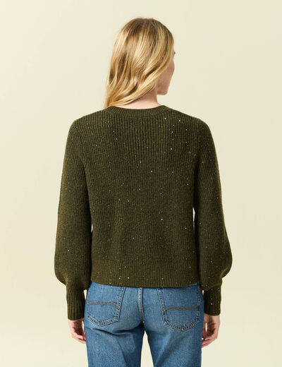 Pull manches longues col rond &agrave; sequins vert kaki femme