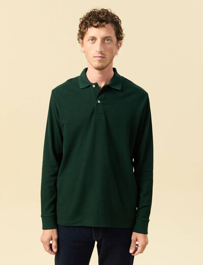Polo manches longues en coton vert fonc&eacute; homme