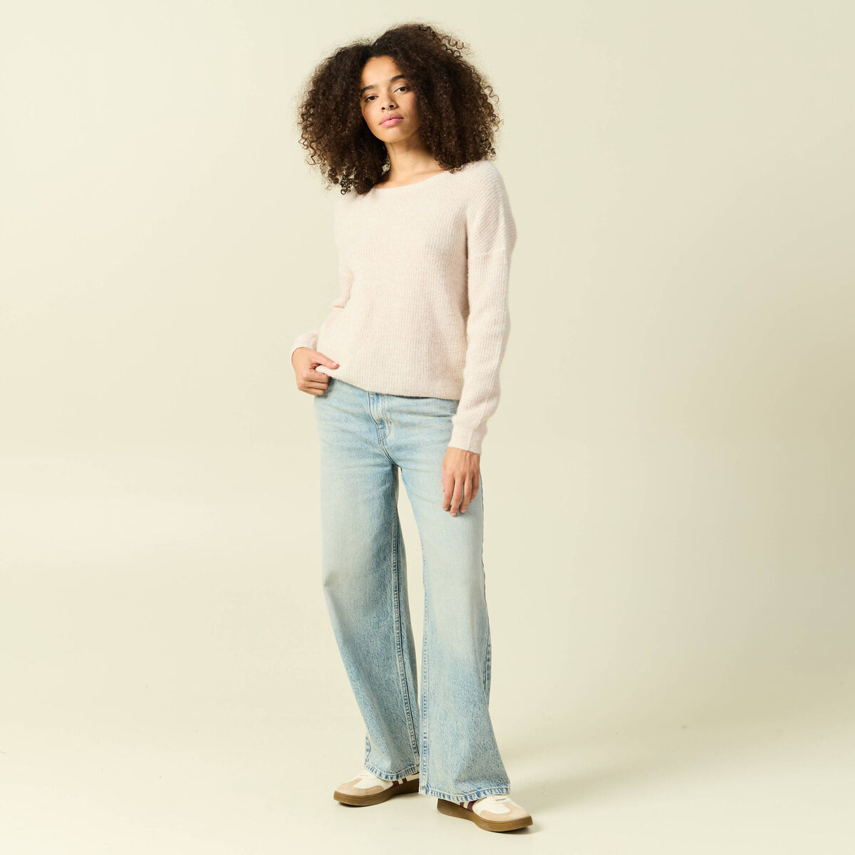 Pull r&eacute;versible manches longues col rond creme femme
