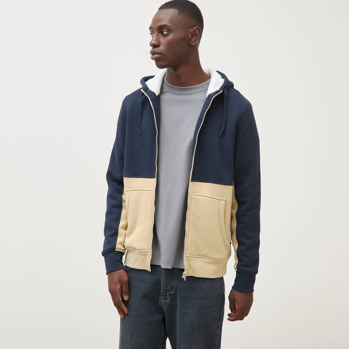 Sweat droit sherpa &agrave; capuche bleu marine homme