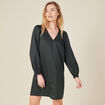 Robe droite col en V satin vert foncé femme