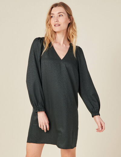 Robe droite col en V satin vert foncé femme