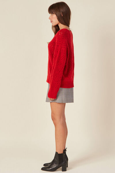 Pull manches longues ajouré rouge femme