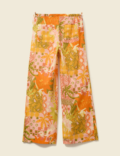 Pantalon large taille haute en coton orange corail femme