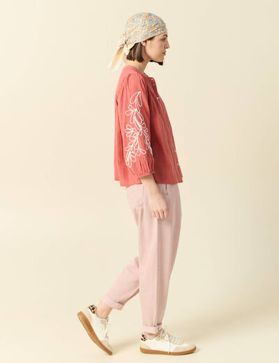 Chemise manches 3/4 brodée rose framboise femme