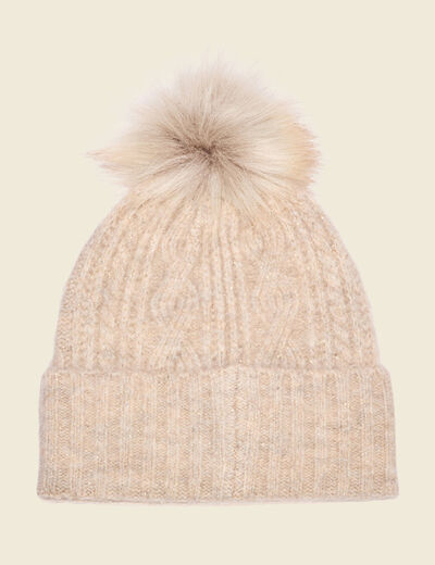 Bonnet avec pompon marron clair femme