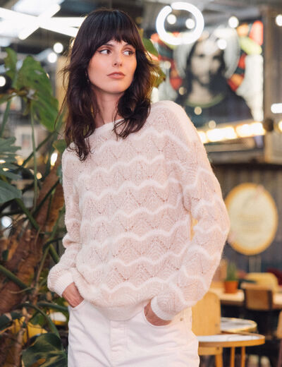 Pull manches longues ajouré creme femme