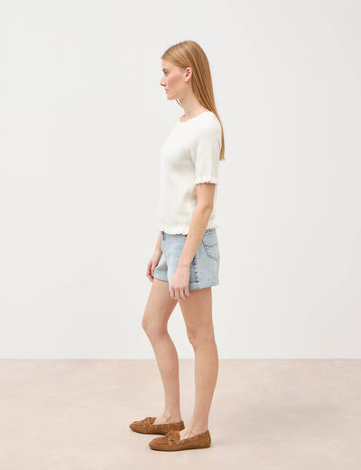 Pull droit court en coton ecru femme