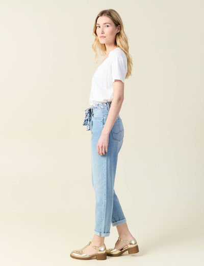 Jeans mom ceinture foulard denim bleach femme