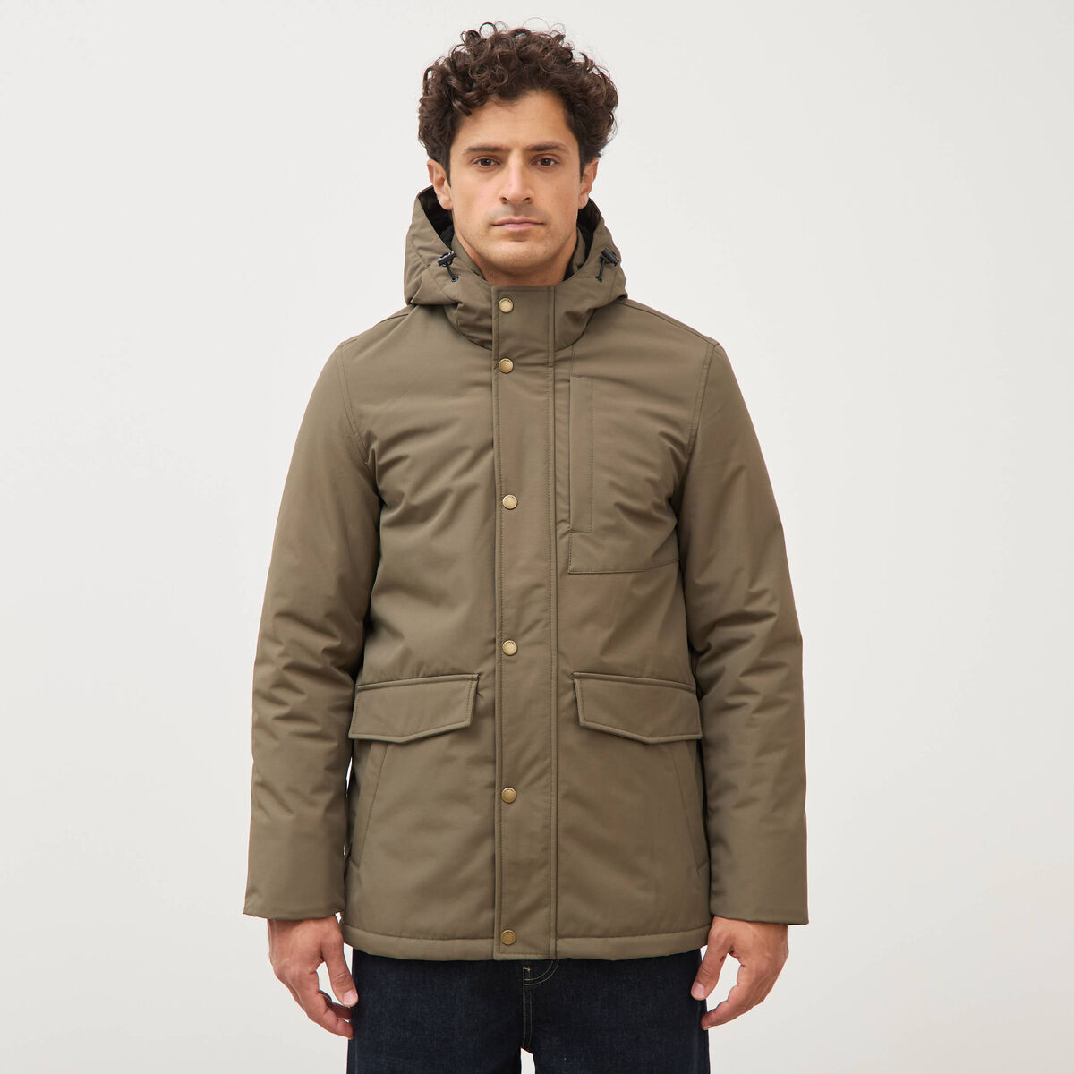 Parka longue droite &agrave; capuche taupe homme