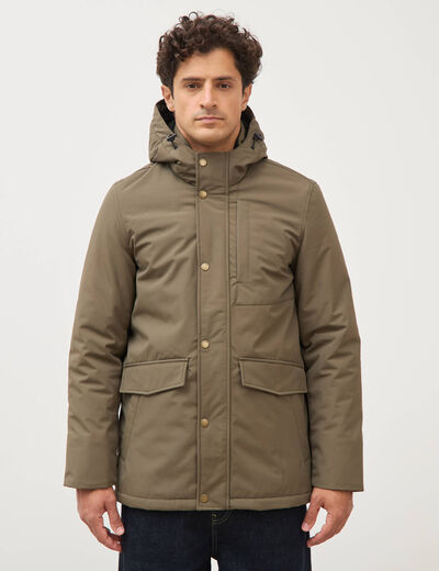 Parka longue droite &agrave; capuche taupe homme