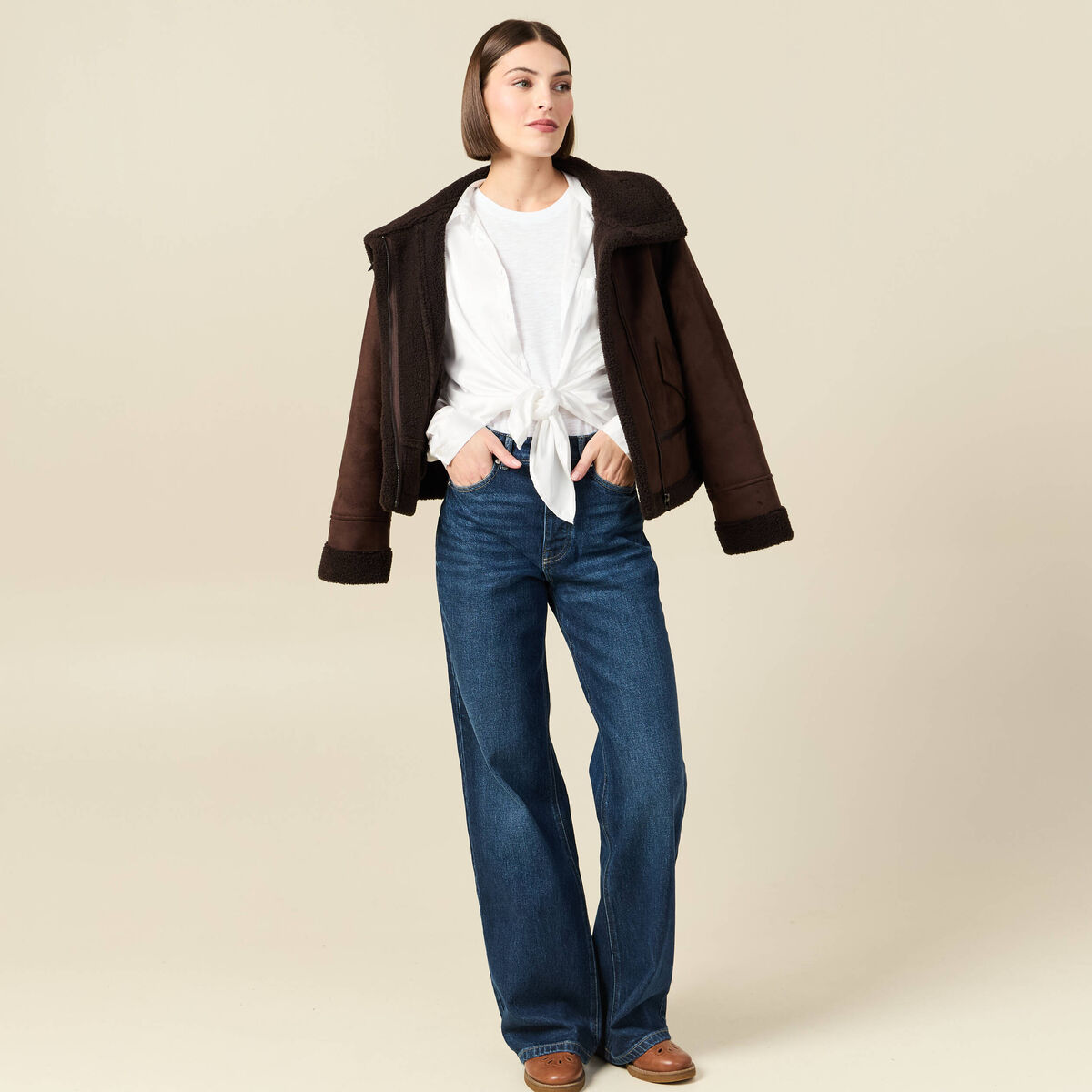 Jeans large taille haute denim brut femme