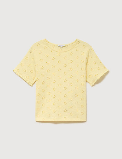 T-shirt droit col rond broderie coton jaune pastel femme