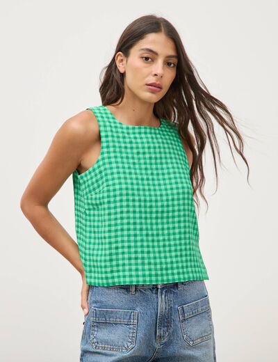 Blouse vichy droite cropped sans manches vert femme