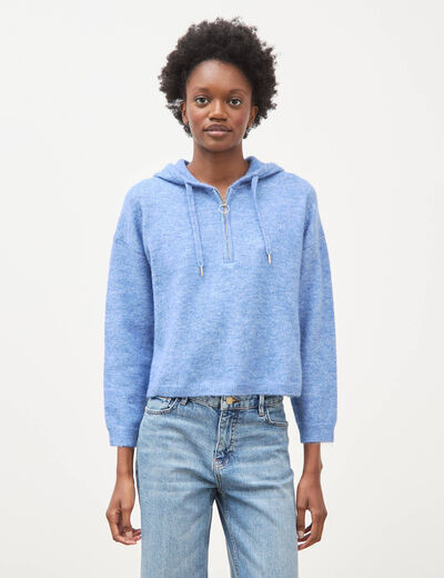 Pull &agrave; capuche zipp&eacute; bleu ciel femme