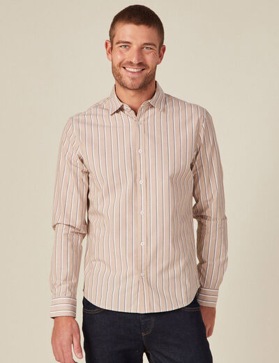 Chemise ray&eacute;e en coton manches longues beige homme