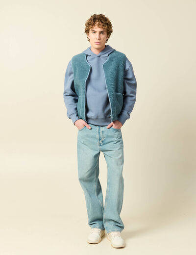 Sweat &agrave; capuche manches longues bleu gris homme