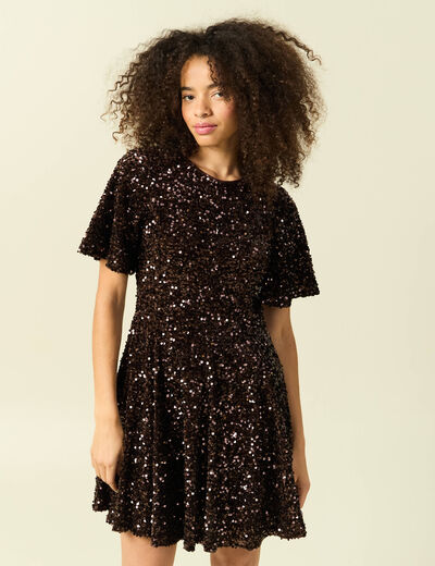 Robe manches courtes &agrave; sequins marron femme