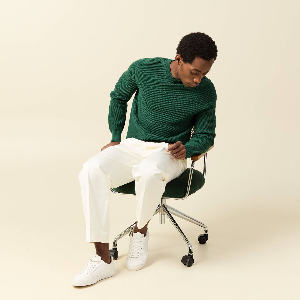 Pull col rond manches longues en coton vert homme