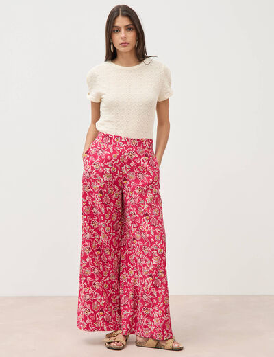 Pantalon large taille haute rouge cerise femme