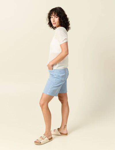 Pull manches courtes ajouré creme femme