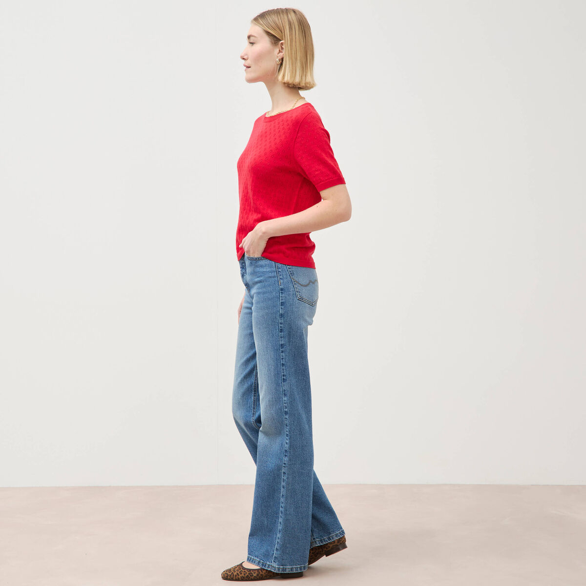 Pull col rond manches courtes rouge fonc&eacute; femme