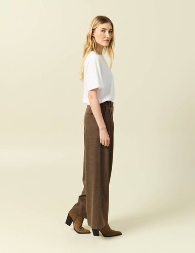 Pantalon large taille haute marron fonc&eacute; femme