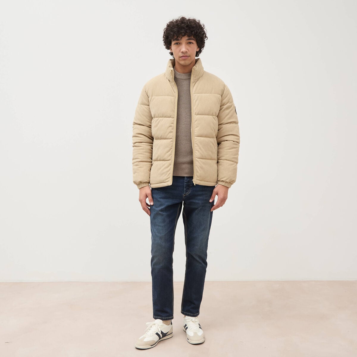 Doudoune manches longues en velours beige homme
