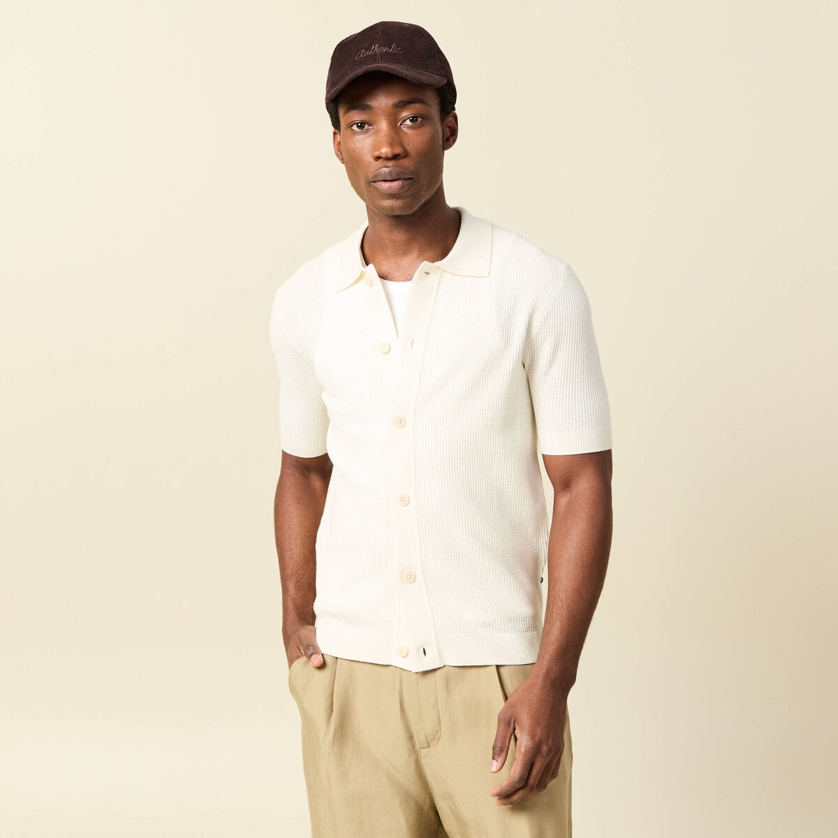 Chemise manches courtes col polo ecru homme
