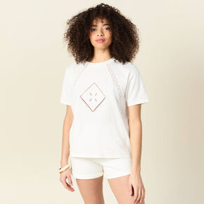 T-shirt manches courtes brodé ecru femme