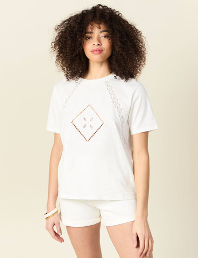 T-shirt manches courtes brodé ecru femme