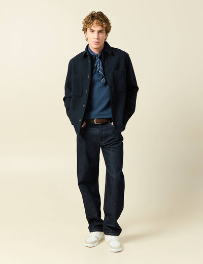Polo cintr&eacute; en coton manches courtes bleu fonc&eacute; homme