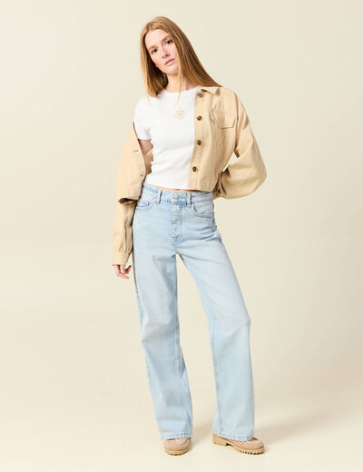 T-shirt ajust&eacute; cropped col rond ivoire femme