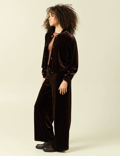 Gilet court droit en velours doubl&eacute; marron fonc&eacute; femme