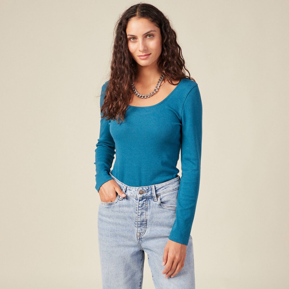T-shirt manches longues bleu pétrole femme