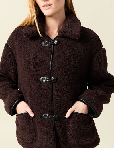Manteau court droit effet polaire marron foncé femme