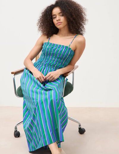 Robe bretelles col carr&eacute; en coton bleu femme