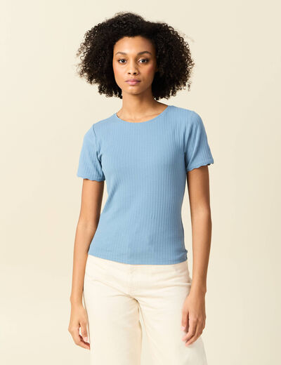 T-shirt manches courtes côtelé bleu clair femme