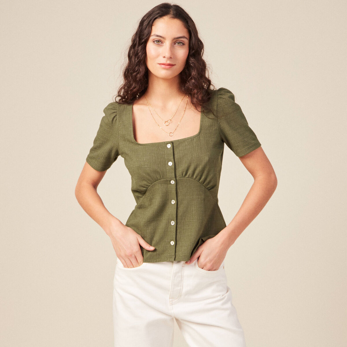T-shirt manches courtes vert kaki femme