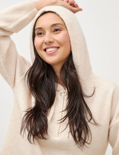 Pull &agrave; capuche zipp&eacute; beige femme