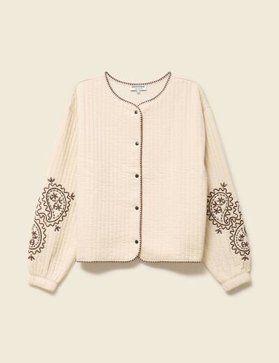 Cardigan droit court col rond brod&eacute; ivoire femme