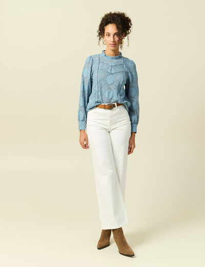 Blouse cintr&eacute;e dentelle manches longues gris femme