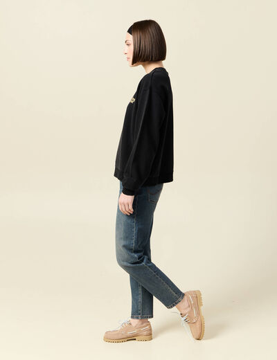 Sweat col rond manches longues en coton noir femme