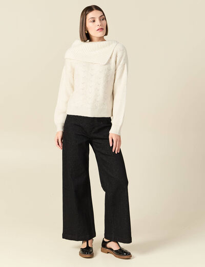 Pull ajour&eacute; manches longues bardot ecru femme