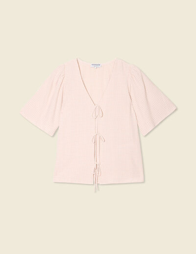 Blouse manches courtes nouée marron clair femme