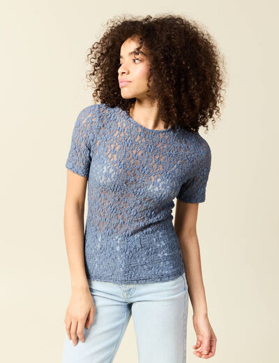 T-shirt cintr&eacute; col rond dentelle bleu gris femme