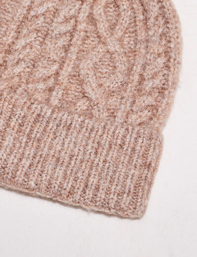 Bonnet tricoté à pompon marron clair femme