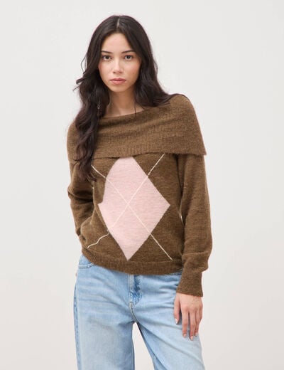Pull droit manches longues bardot marron femme